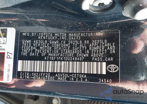 2013 Toyota Camry Se from USA, damaged, VIN 4T1BF1FK1DU248497